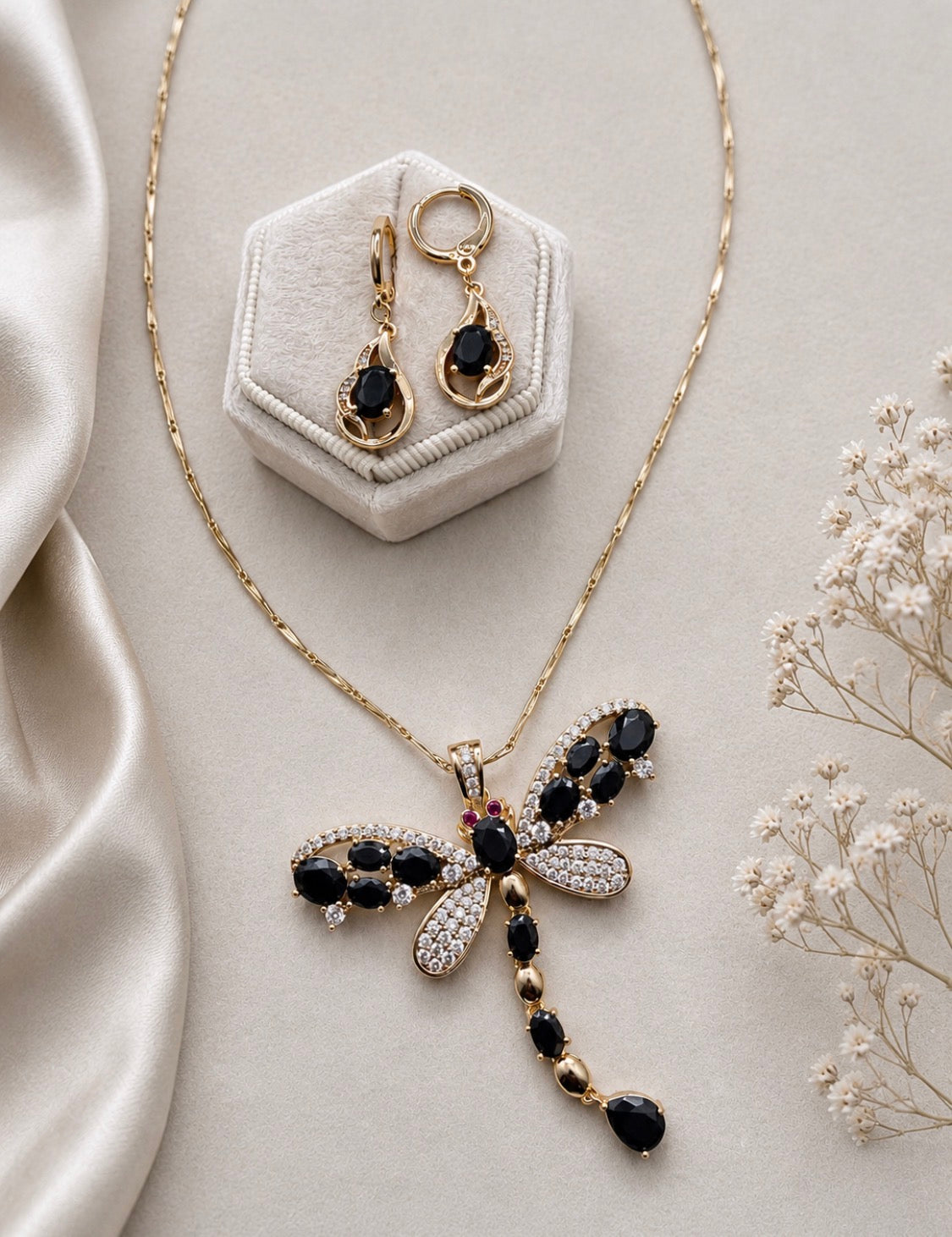 Black Dragonfly Pendant Necklace & Earrings Set