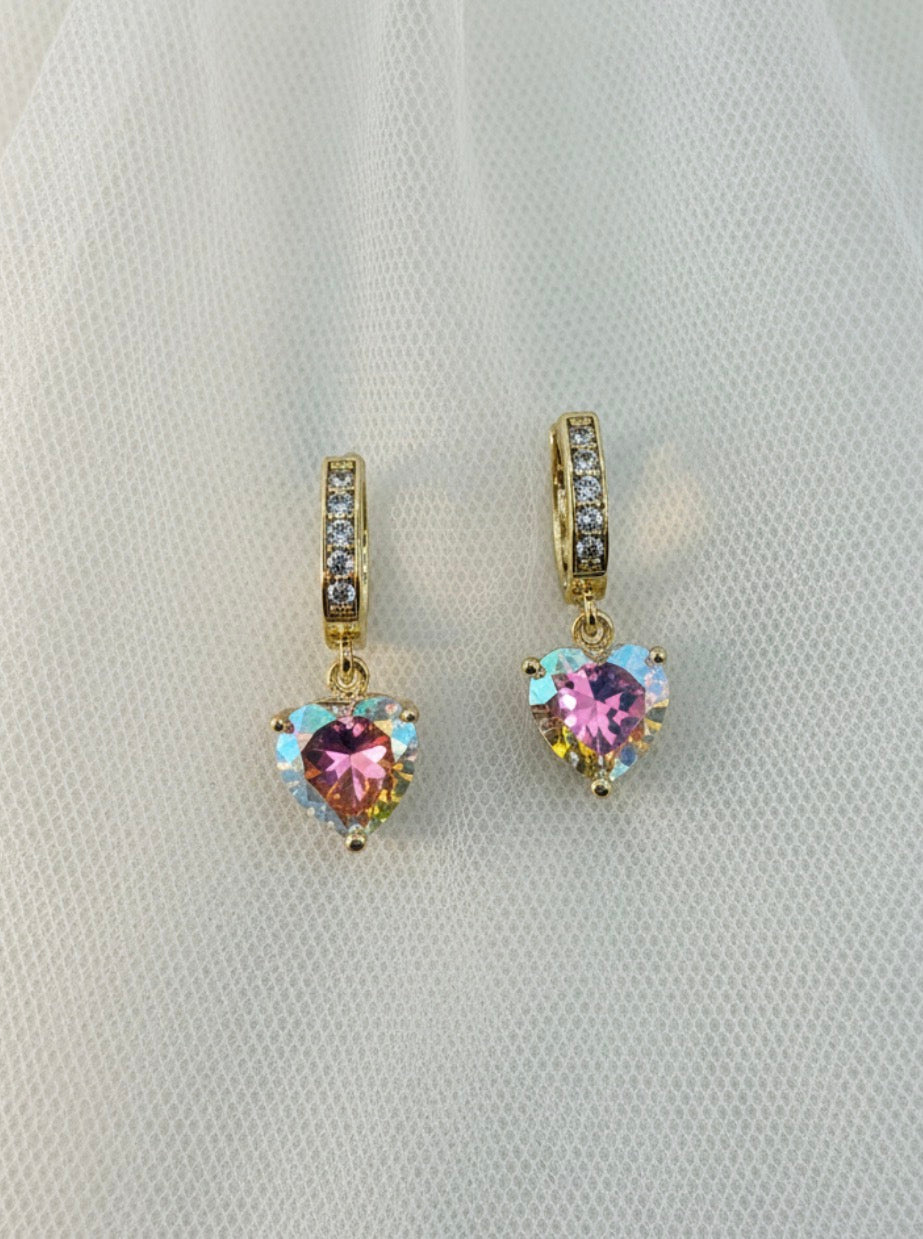 Iridescent Heart Crystal Huggie Earrings