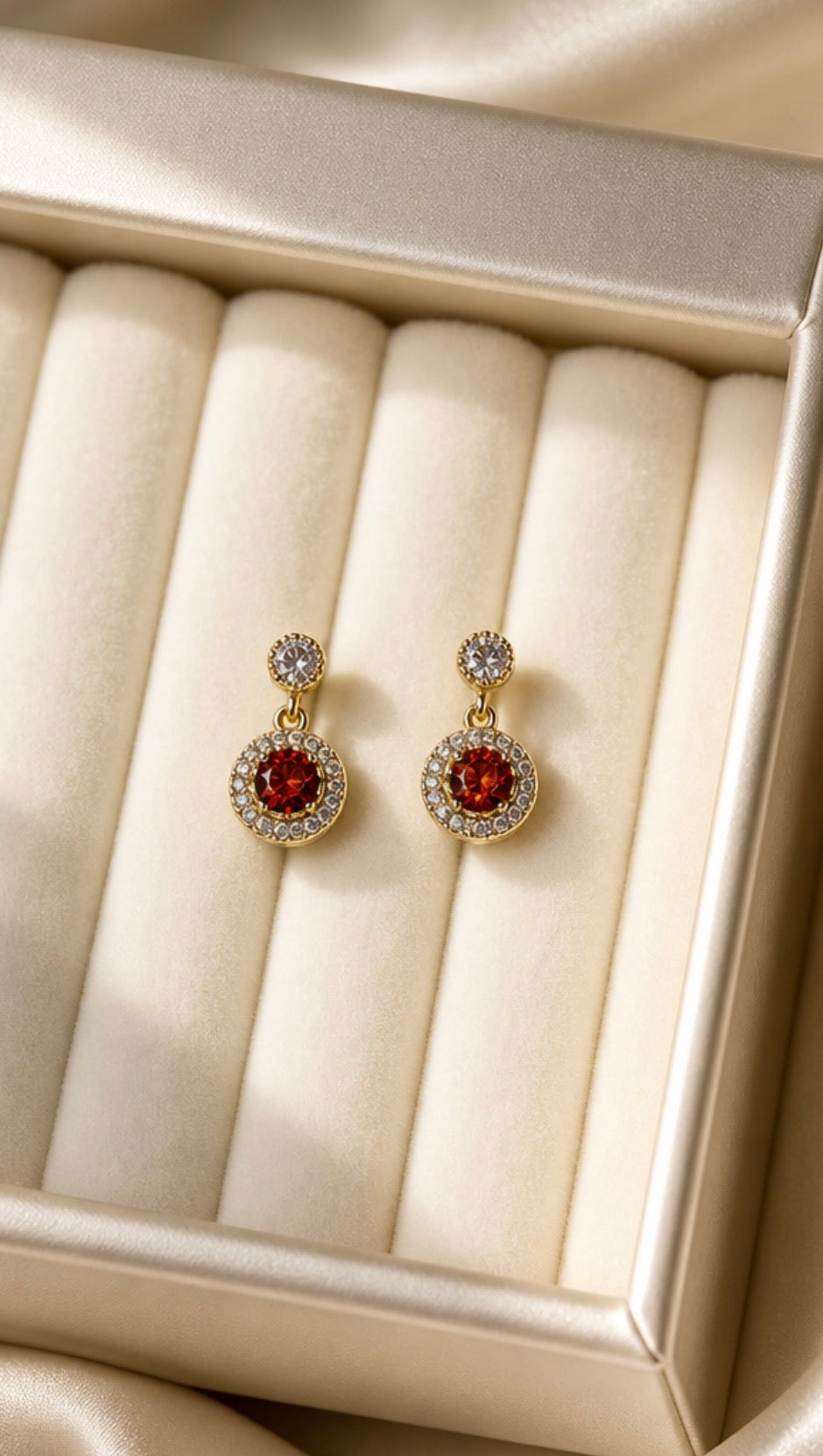 Garnet Red Halo Drop Earrings
