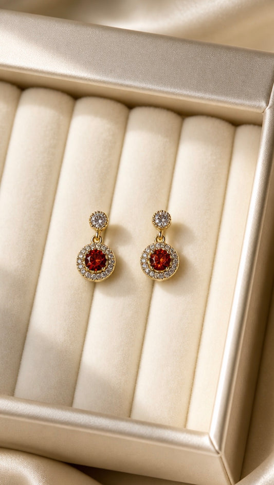 Garnet Red Halo Drop Earrings