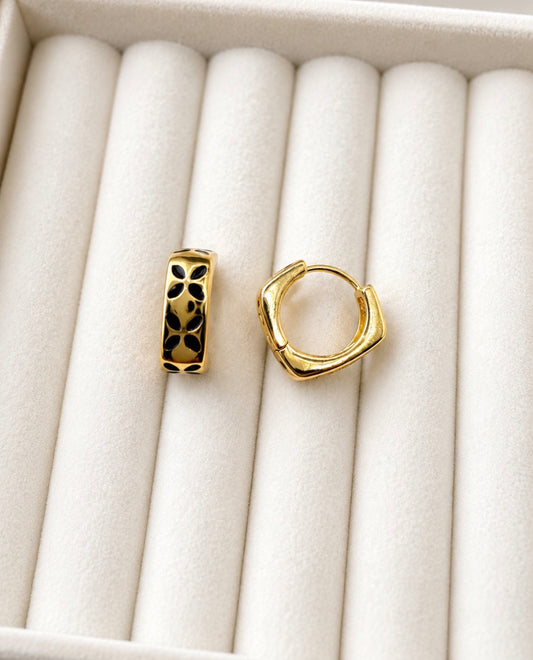 Black Enamel Floral Huggie Earrings