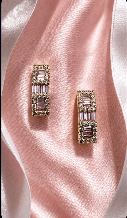 Pink Baguette Crystal Huggie Earrings