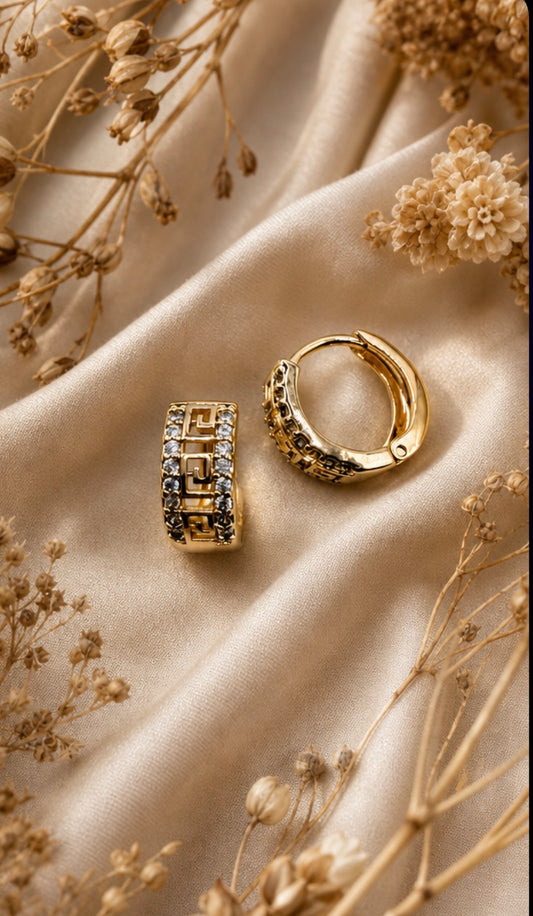 Greek Key Zirconia Mini Huggie Earrings