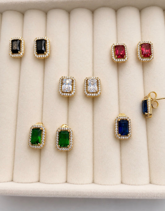 Emerald-cut Halo Stud Earrings