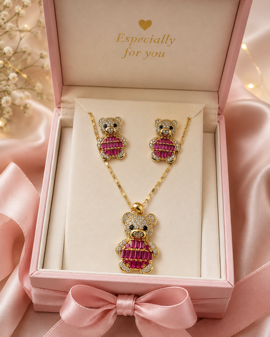 Pink Teddy Bear Jewelry Set